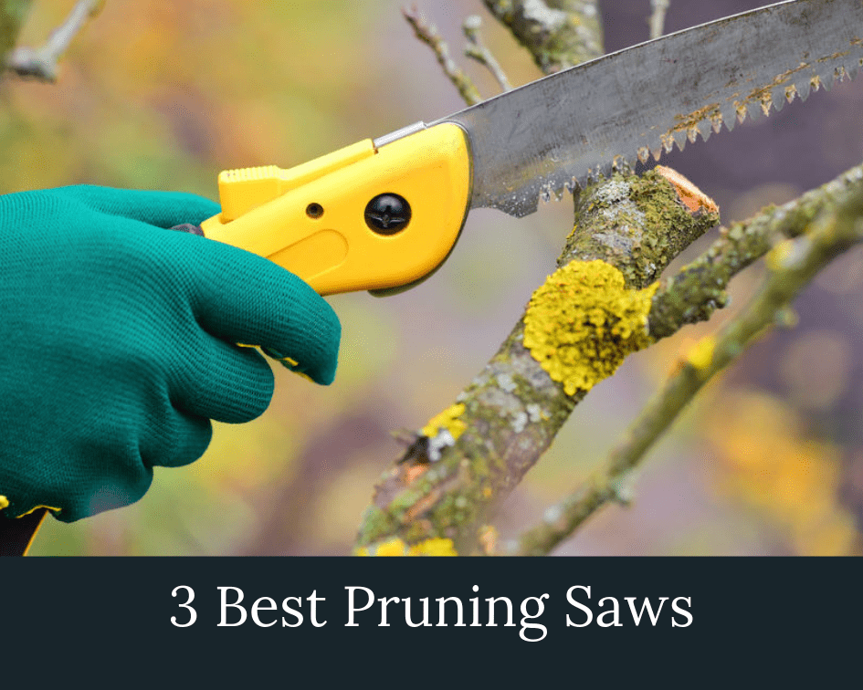 Hand in a green glove using a pruning saw with a yellow handle