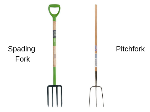a spading fork and a pitchfork