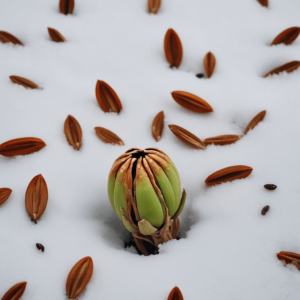 seed pod lying on the snow with seeds scattered around it