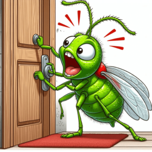 drawing of a green aphid pounding on the door of a home, frantic to get inside